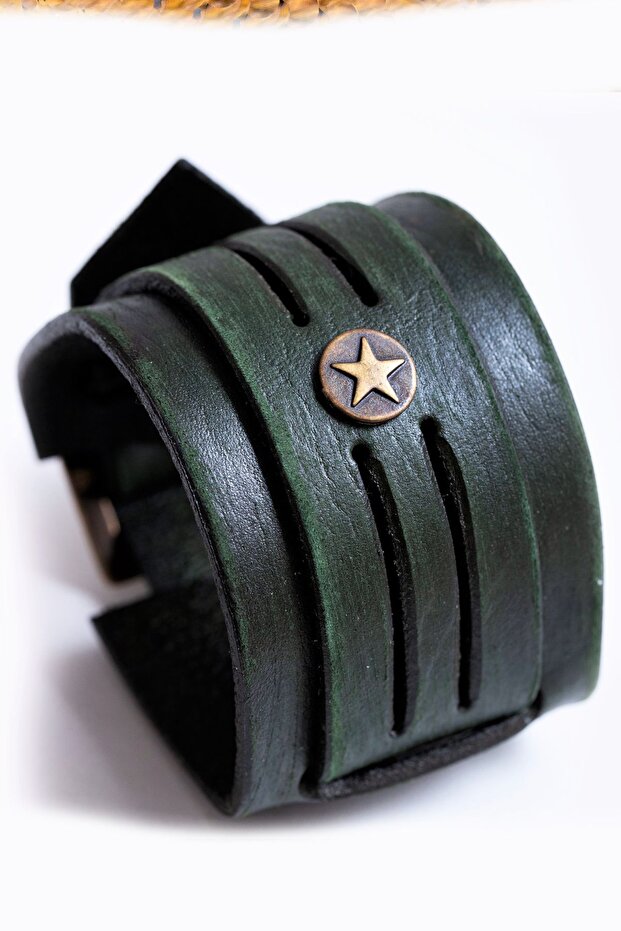 Starry Antique Khaki Handcrafted Men's Leather Bracelet