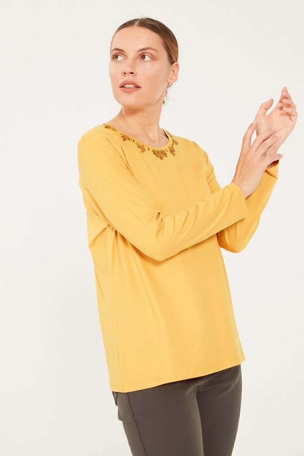 Women's Crew Neck Long Sleeve Embroidered Combed Cotton Blouse Mustard