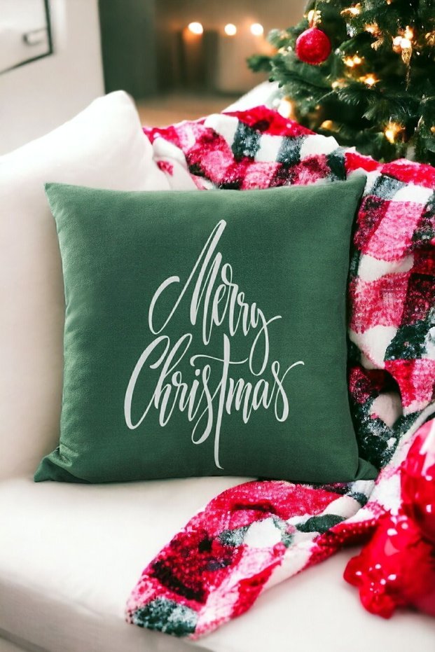 43X43 Christmas Throw Pillow Cover Green and White with Happy New Year and Merry Christmas Written