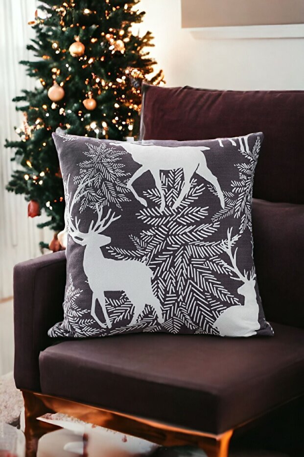 43X43 Christmas Throw Pillow Cover Black and White Deer Patterned New Year Christmas Tree Christmas Pine Tree