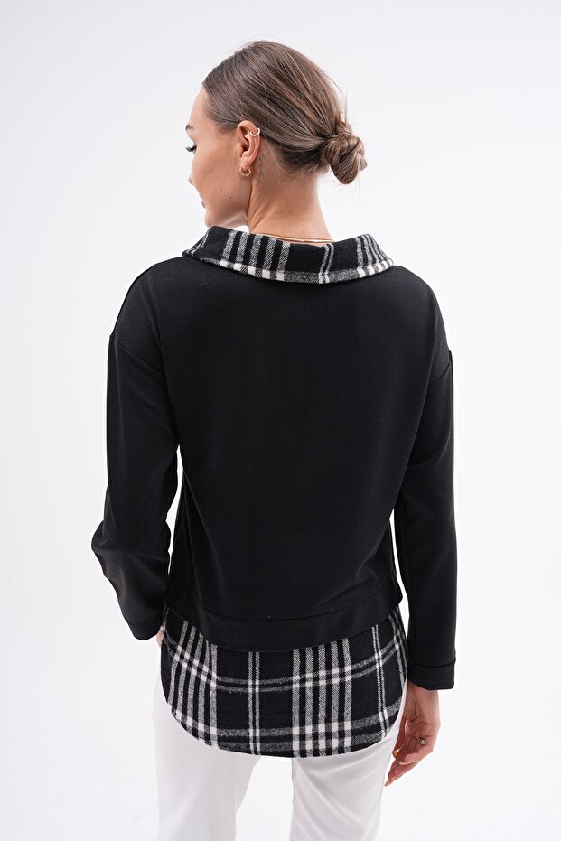 Kadın Siyah Gömlek Yaka Sweatshirt - 8