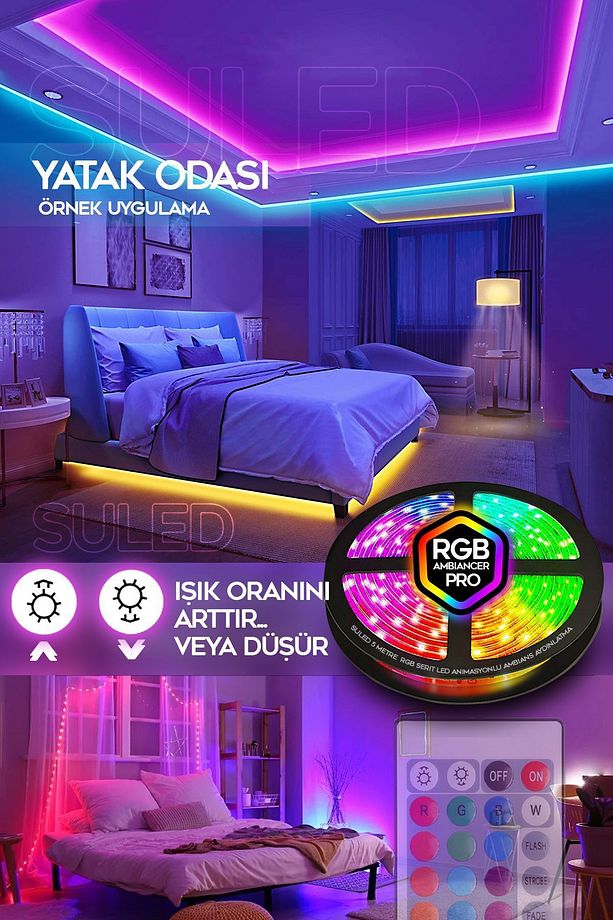 10 Metre Şerit Led 16 Mod Ambiyans Ortam Işığı Tak Çalıştır Kumandalı Trafolu Rgb Şerit Işık - 7