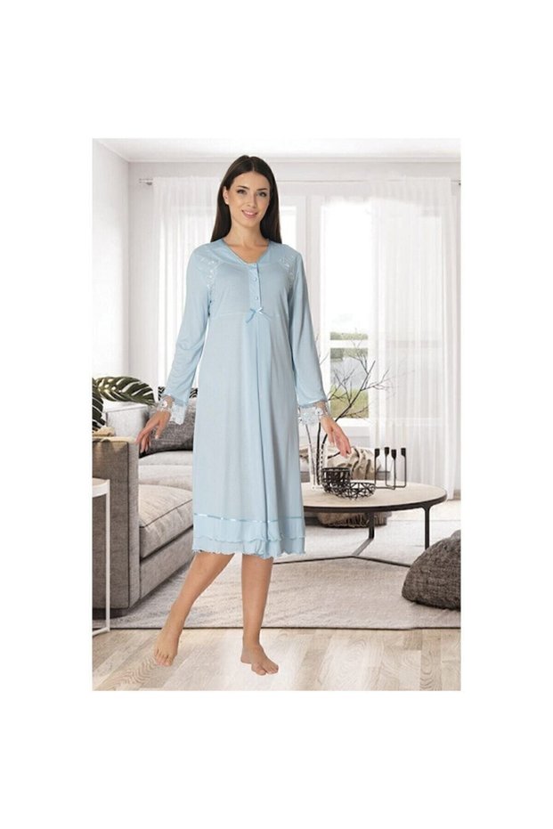 Women's Blue Lace Detailed Maternity Nursing Nightgown