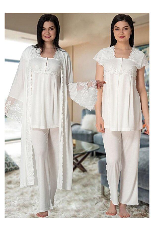 5011 Ecru Long Princess Maternity Pajama Set with Dressing Gown