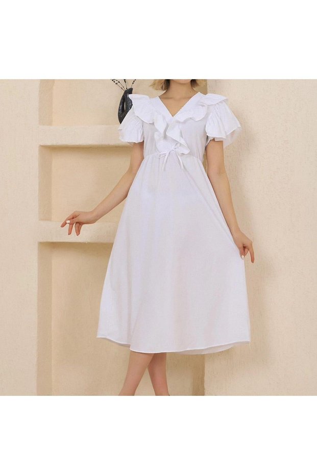 Women's Dress Midi Summer Short Sleeve V-Neck Flounced Elastic Waist
