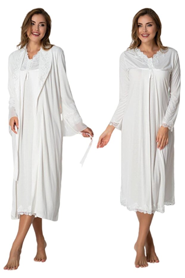 Effortt Ecru Lace Maternity Nightgown Set with Dressing Gown 7035