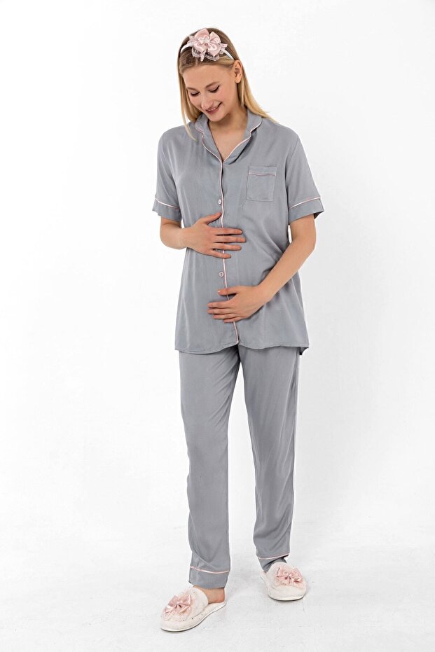 Cotton Comfortable Cut Maternity Pajama Set with Breastfeeding Feature Effortt - Gray
