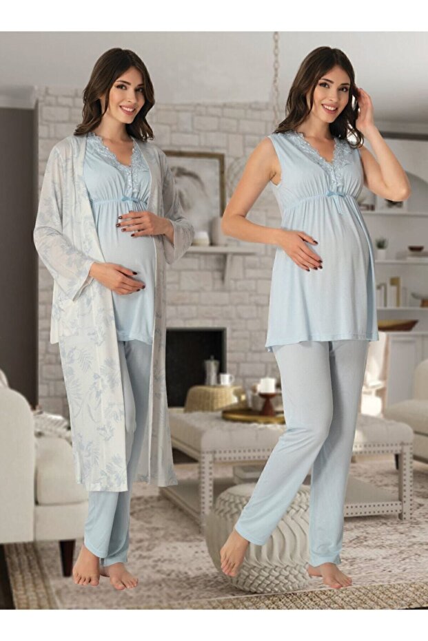 8034 Blue Collar Lace Patterned Maternity Pajama Set with Dressing Gown