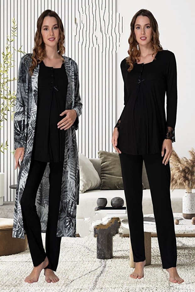 Effortt Maternity Pajamas Set with Dressing Gown