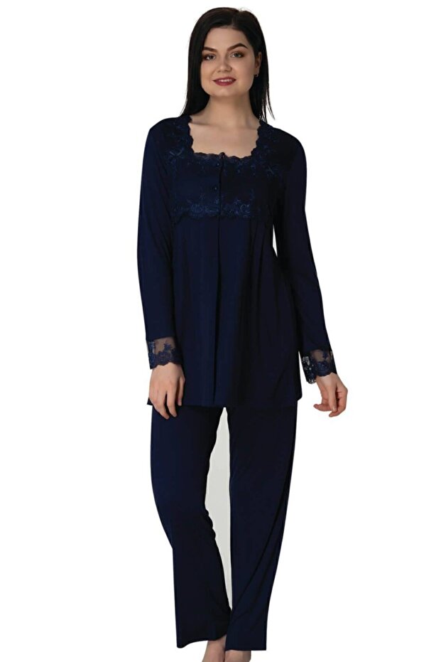 2403L Navy Blue Lace Front Maternity Pajama Set