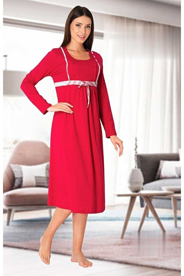 Cherry Maternity Nightgown with Bow Detail