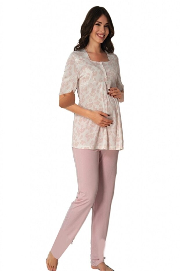 Effortt 8012 Pink Patterned Maternity Pajamas Set