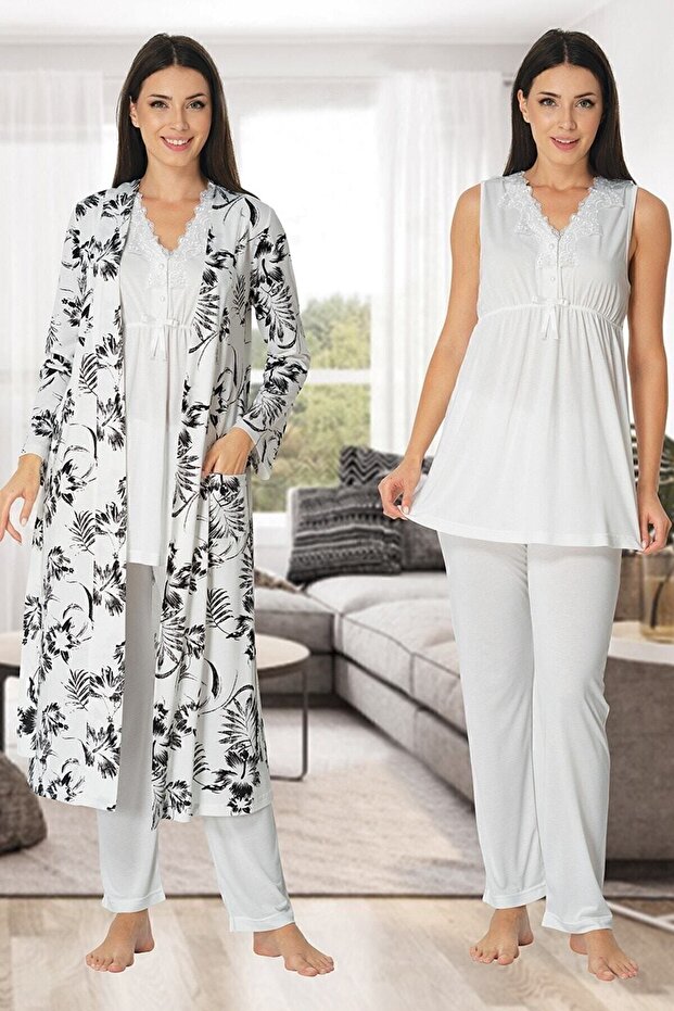 Women's Ecru Colored Patterned Maternity Pajamas Set with Dressing Gown 3 Pieces