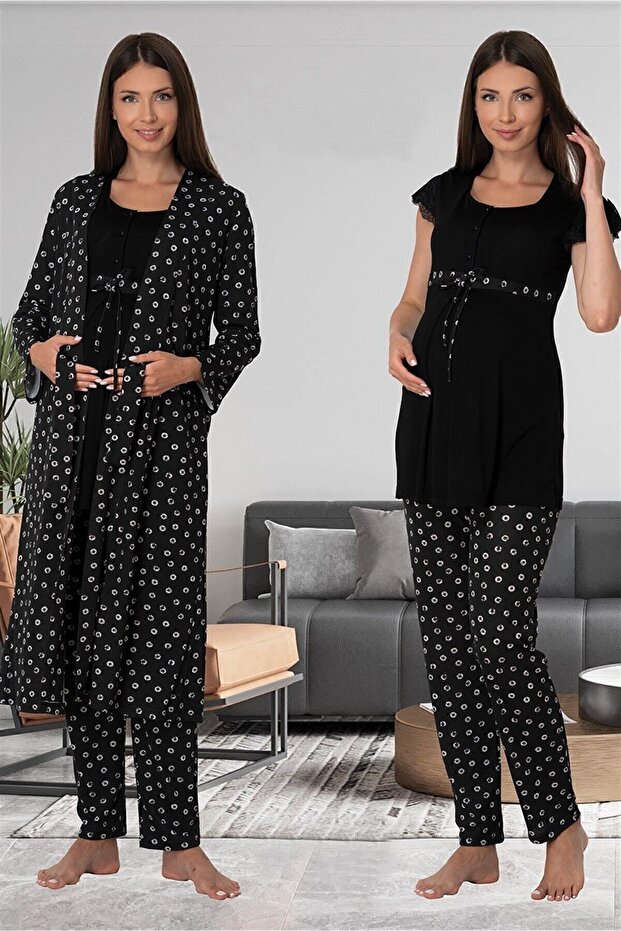 Patterned Dressing Gown Maternity Pajama Set Effortt - Black