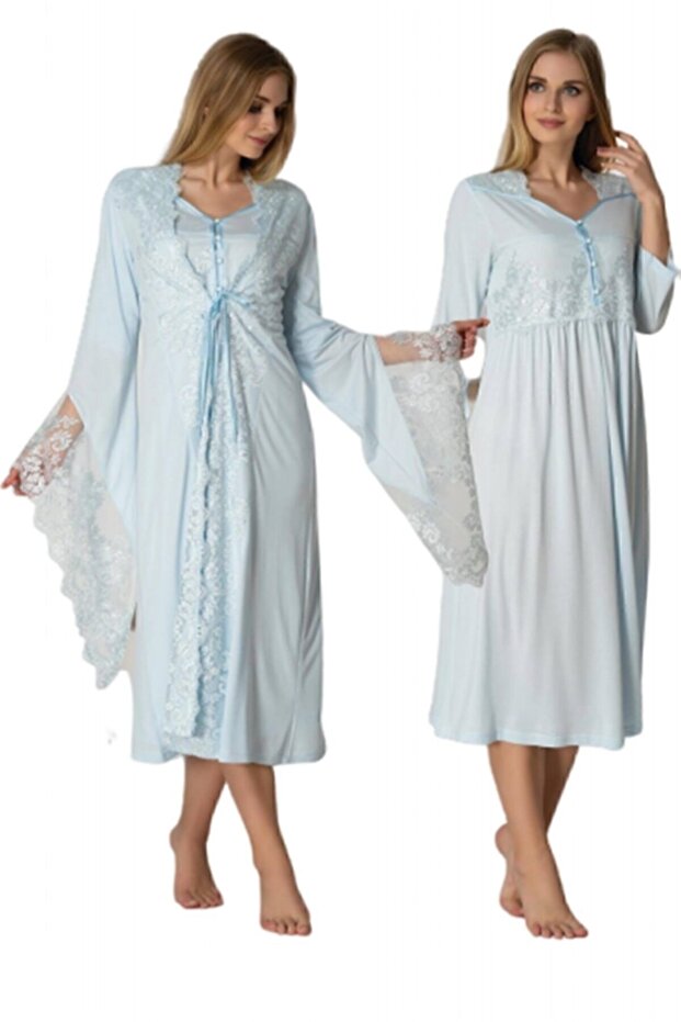 Blue Spanish Sleeve Maternity Dressing Gown Nightgown Set 3010