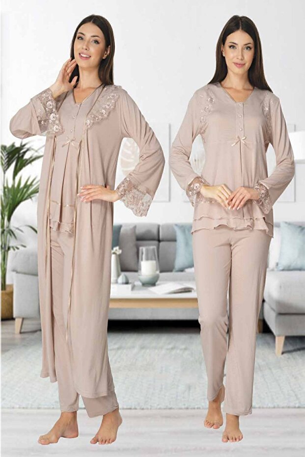 Mink Color Maternity Pajamas Set with Dressing Gown