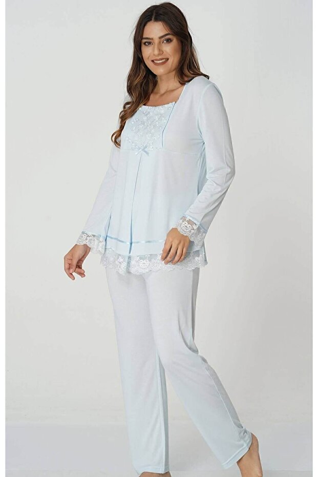 Cotton Maternity and Postpartum Pajama Set with Breastfeeding Feature – Elastic Waistband – Blue