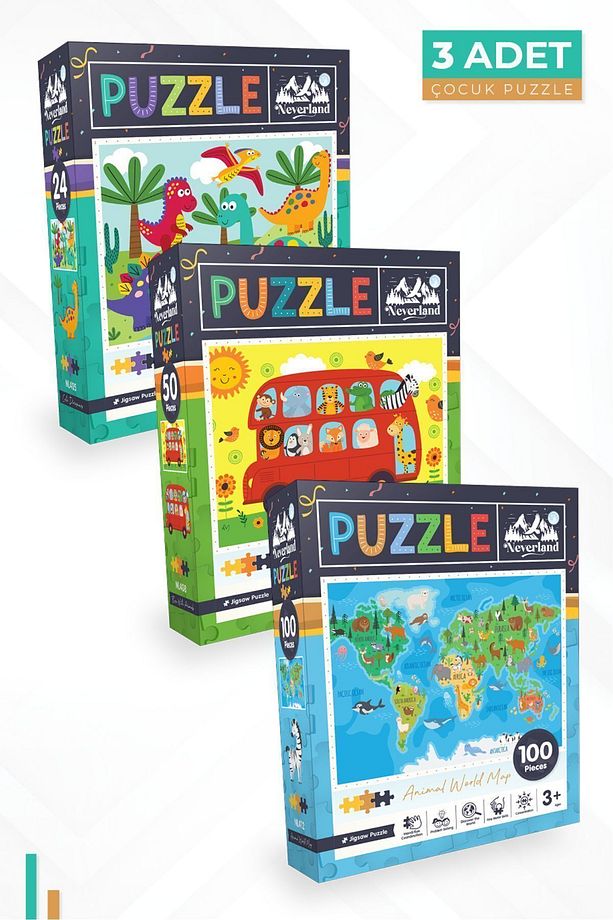 3 ADET PUZZLE - 24 P.SEVİMLİ DİNOZORLAR ve 50 P. HAYVANLARLA OTOBÜS ve 100 P. HAYVAN DÜNYA HARİTASI - 1