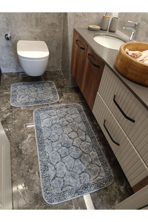 Macoroni Eskitme Yüzde Yüz Pamuk 2 li Banyo Paspas Seti Taş Açık Gri - 1