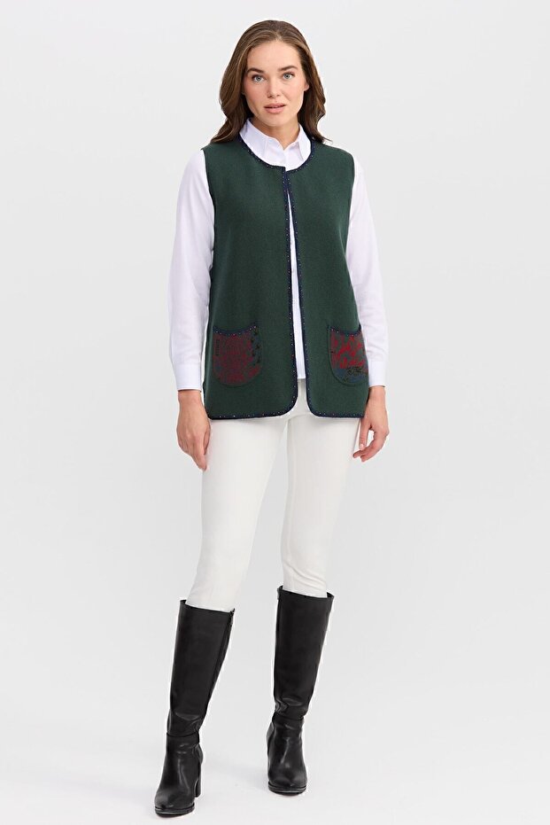 Women's Crew Neck Water Stone Bead Embroidered Short Vest Green