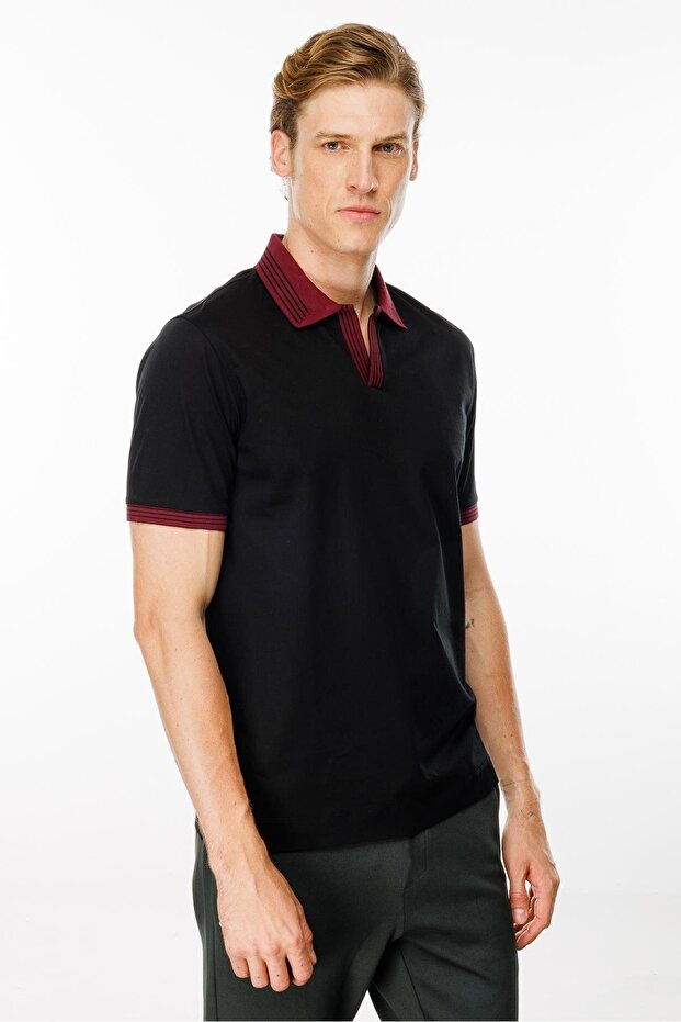 Men's Polo Collar T-Shirt with Striped Sleeves and Collar, Black