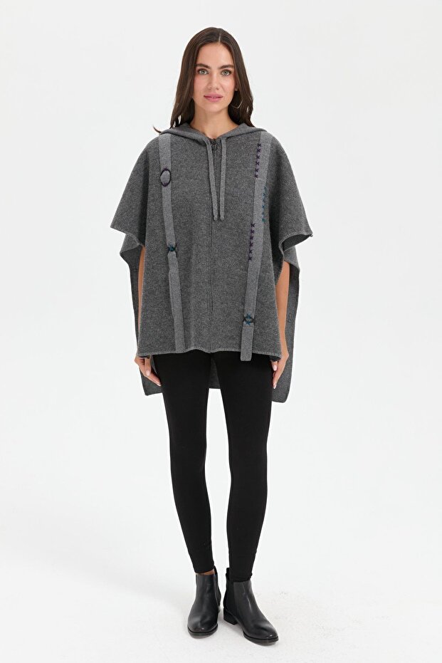Women's Hooded Wool Poncho with Felt Embroidery on the Front and Zipper, Smoked