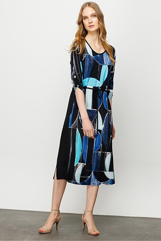 Women's Crew Neck Striped Colorful Patterned Combed Cotton Dress Navy Blue