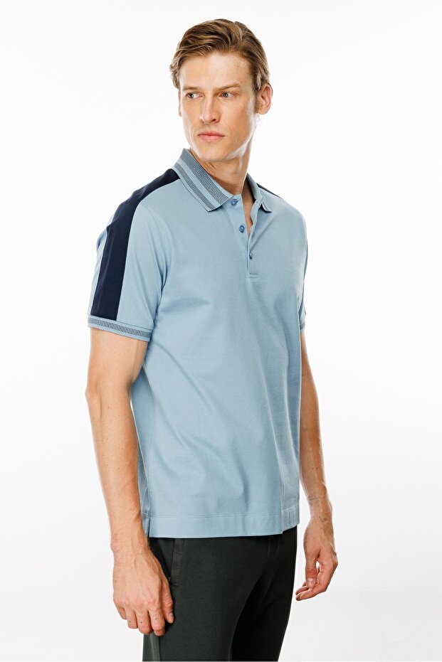 Men's Polo Collar T-Shirt with Shoulder Stripes Blue