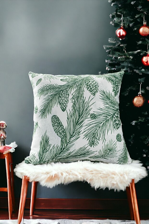 43X43 Christmas Throw Pillow Cover White Green New Year Christmas Tree Pine Tree Pine Cone