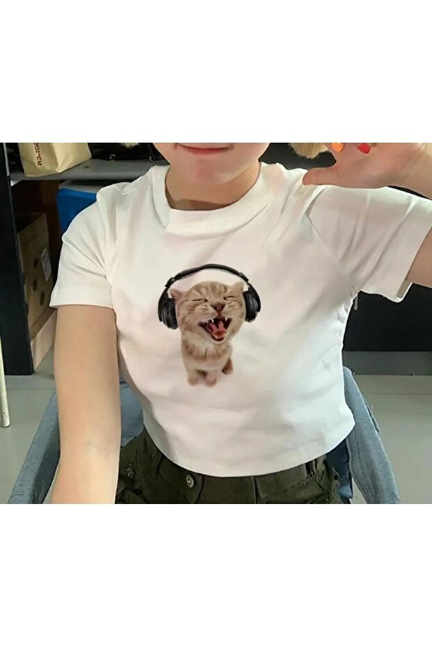 White Cute Cat Printed Crop Blouse