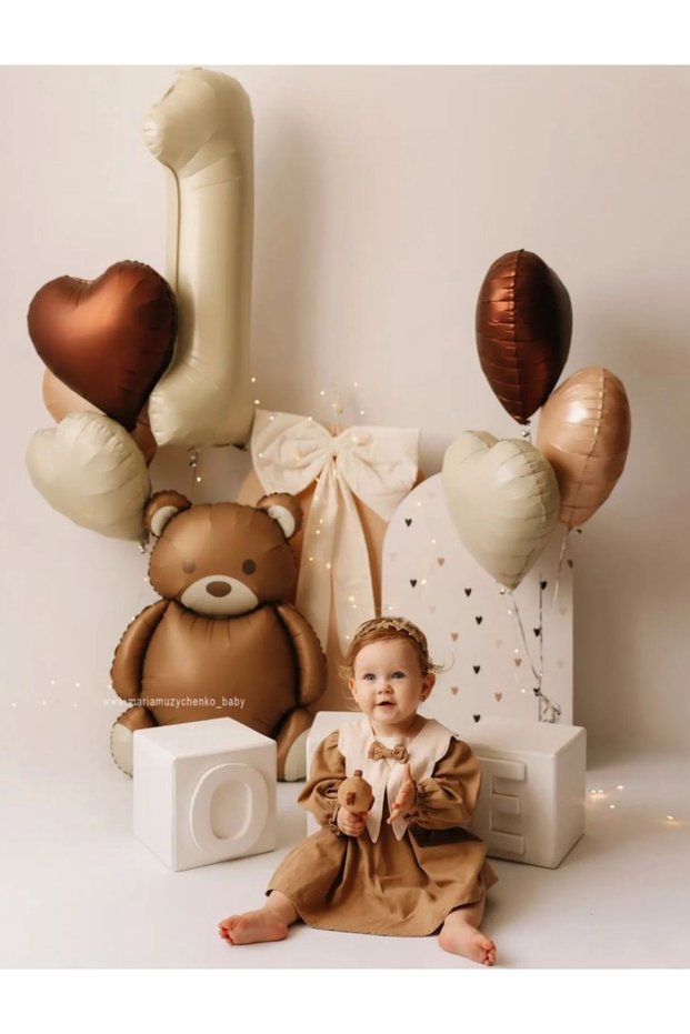 Beige Cream 1 Year Old Foil Balloon Bear Foil Balloon Coffee Heart Foil Balloon Set 8 Pieces