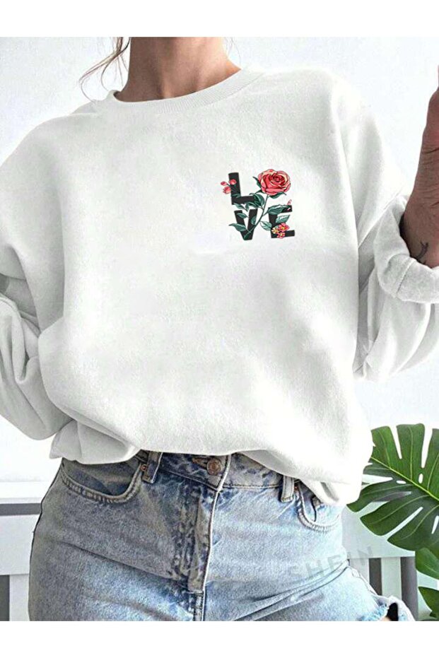 Love (Gül) Printed Crew Neck Women's Sweatshirt