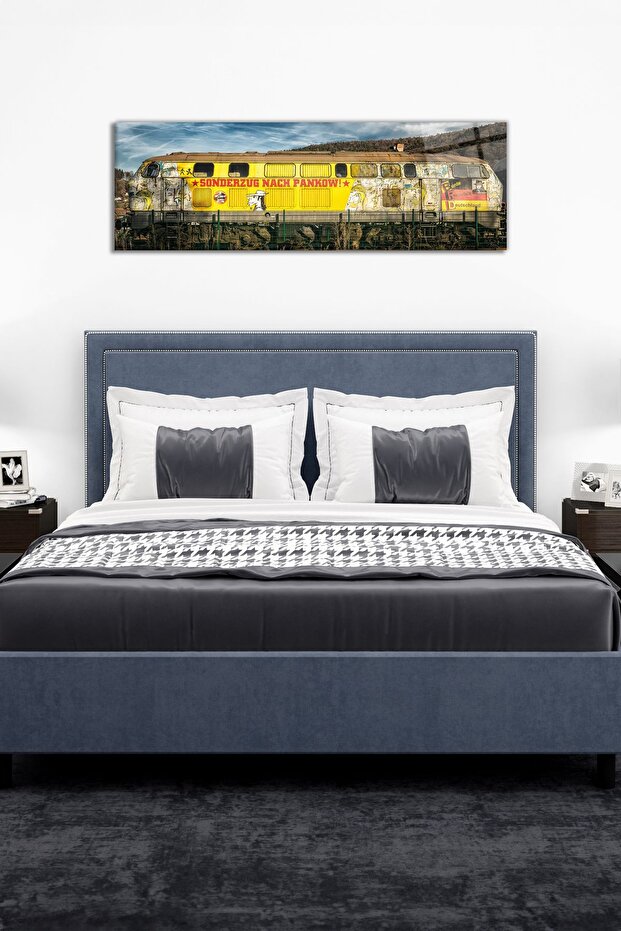 Sarı Retro Tren Panoramik Cam Tablo, Modern Ev ve Ofis Dekoru, Hediyelik Duvar Dekorasyonu - 4