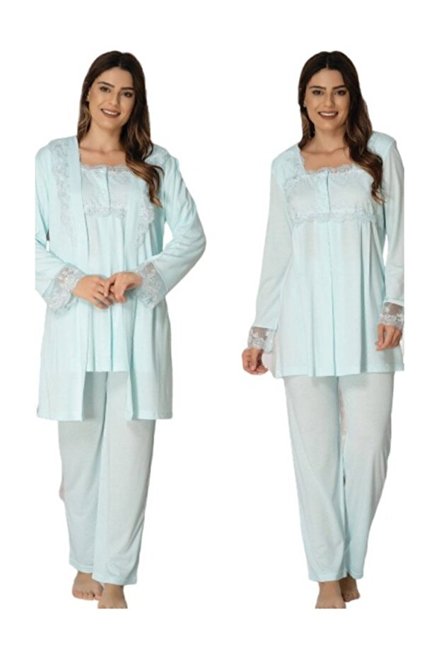 Water Green Long Sleeve Maternity Pajamas Set with Dressing Gown 2401