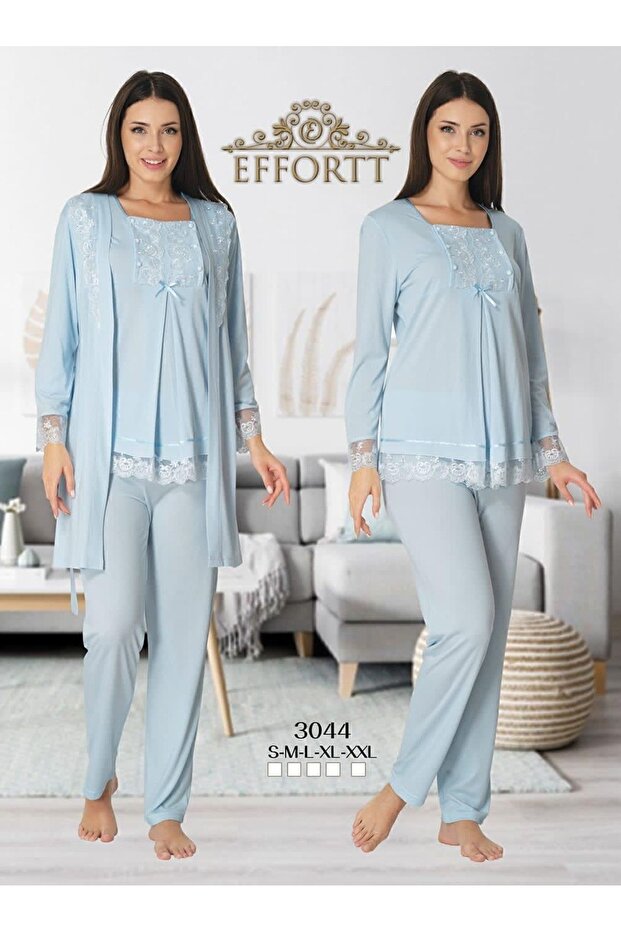 3044 Blue Maternity Pajama Set with Dressing Gown