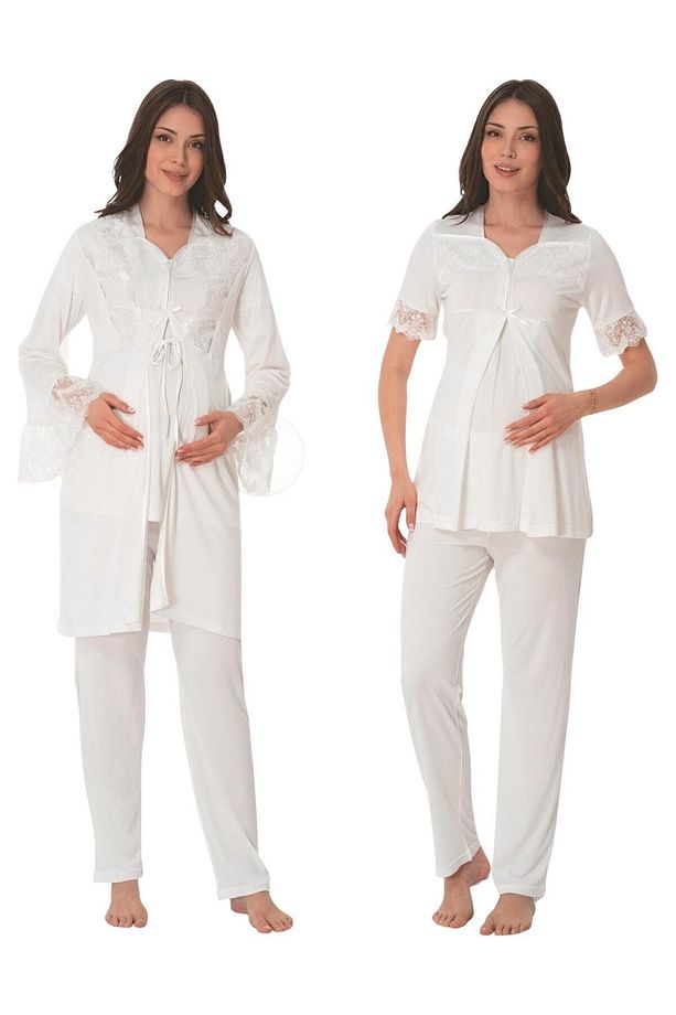 Ekru Sabahlıklı Lohusa Pijama Takımı - 1