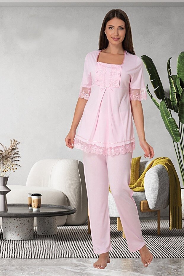 Breastfeeding-Friendly Cotton Maternity Pajama Set – Elastic Waist Effortt - Pink