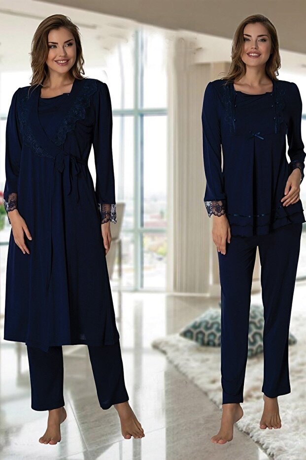 Effort Navy Blue Adjustable Waist Maternity Maternity Pajama Set with Dressing Gown