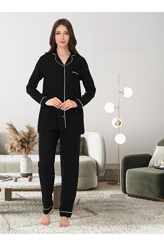 طقم بيجامة منسوجة بأزرار - 1