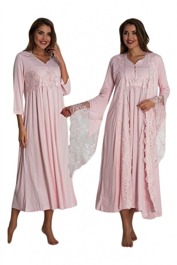 Pink Spanish Sleeve Maternity Nightgown Set with Dressing Gown 3010