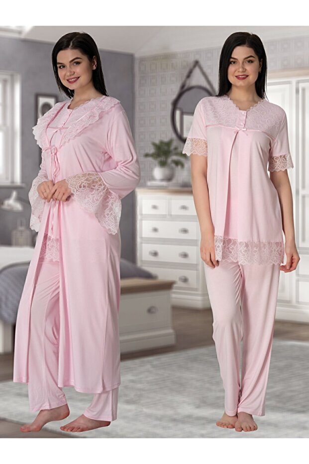 Effort Women's Pink Maternity Maternity Pajama Set with Robe 5044