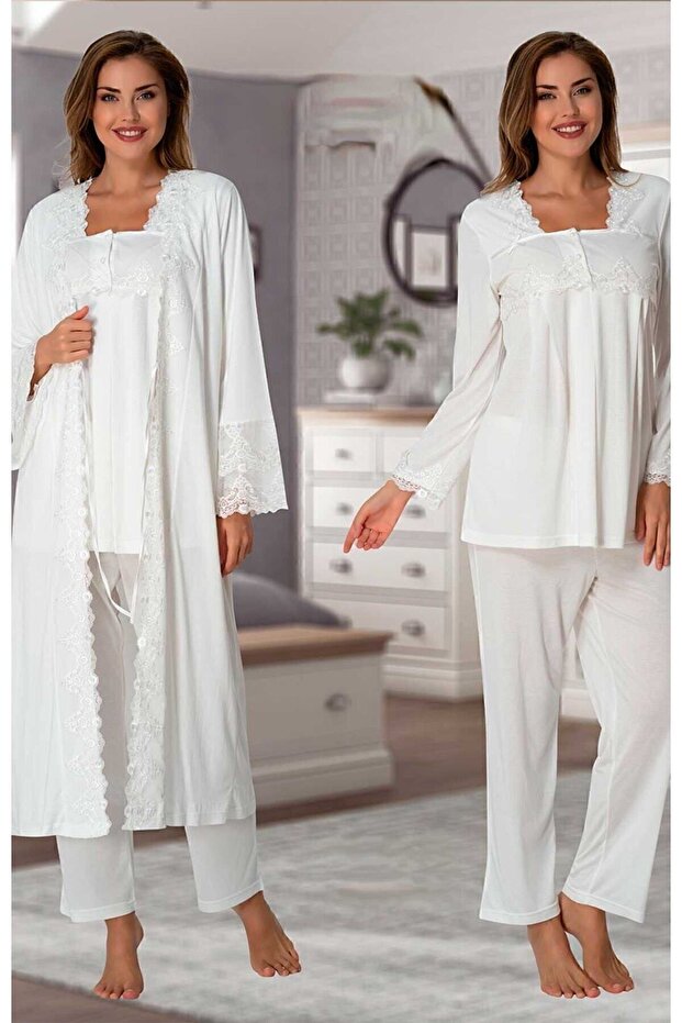 Effortt Ecru Maternity Pajama Set with Dressing Gown