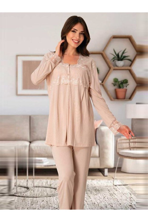 Women's Beige Effort Maternity Long Sleeve Pajama Set 2403