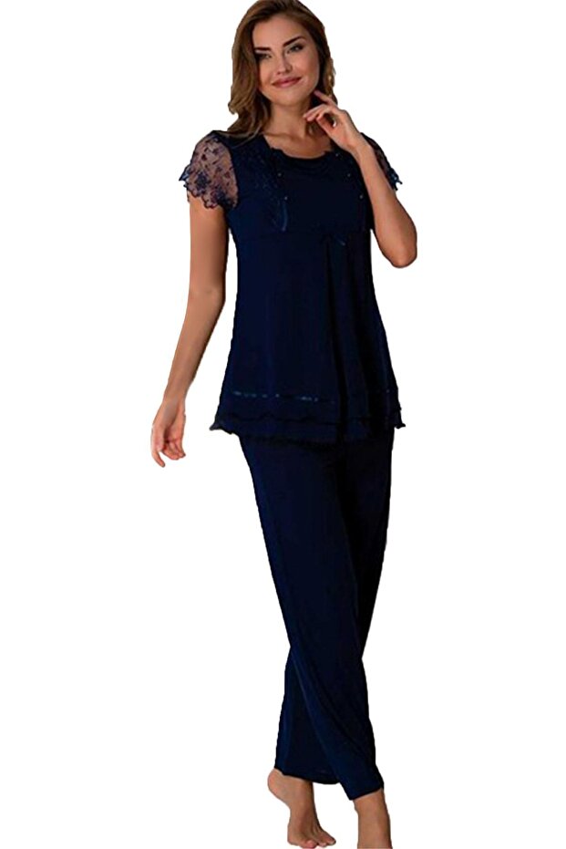 Women's Navy Blue Maternity Breastfeeding Pajamas Set 2051