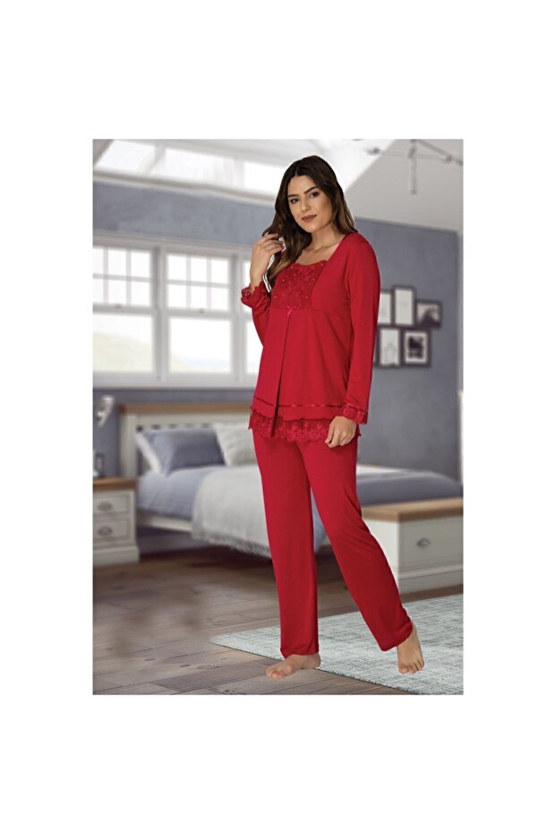 Women's Red Breastfeeding Maternity Pajama Set