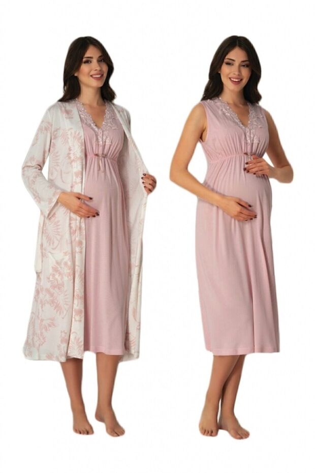 Effortt 8035 Powder Pattern Maternity Nightgown with Dressing Gown