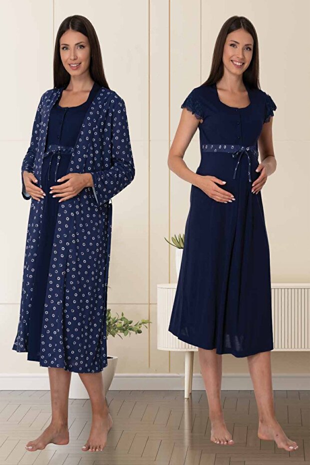 Mayss Collections 6015 Navy Blue Maternity Night Set with Dressing Gown