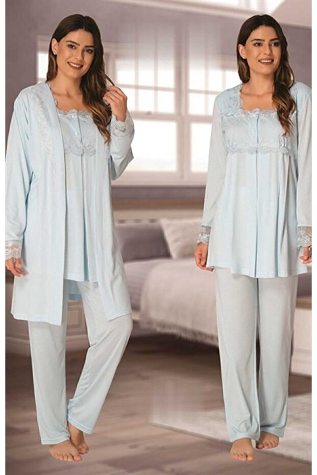 Freya Effort Blue Lace Sleeve Maternity Maternity Pajama Set with Dressing Gown