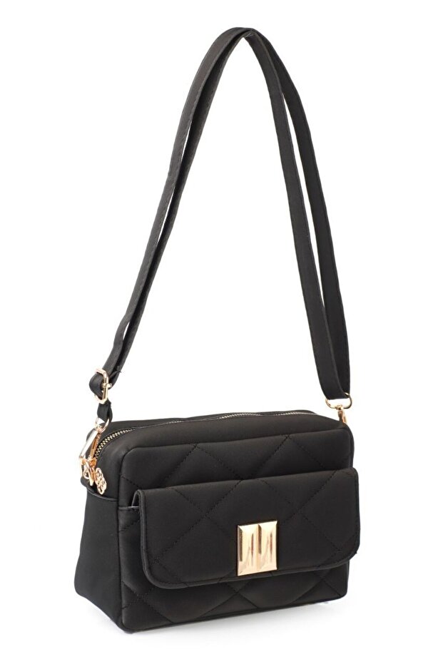 Women's Black Quilted Black Nickel Buckle Strap Bag