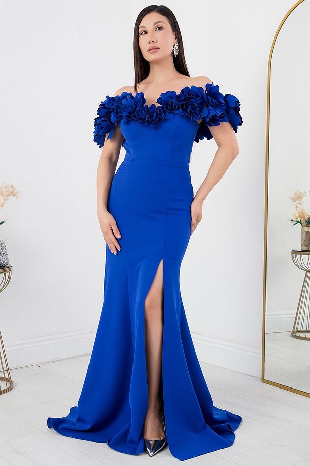 Gül Detaylı Yırtmaçlı Elbise ECR5368 - 5
